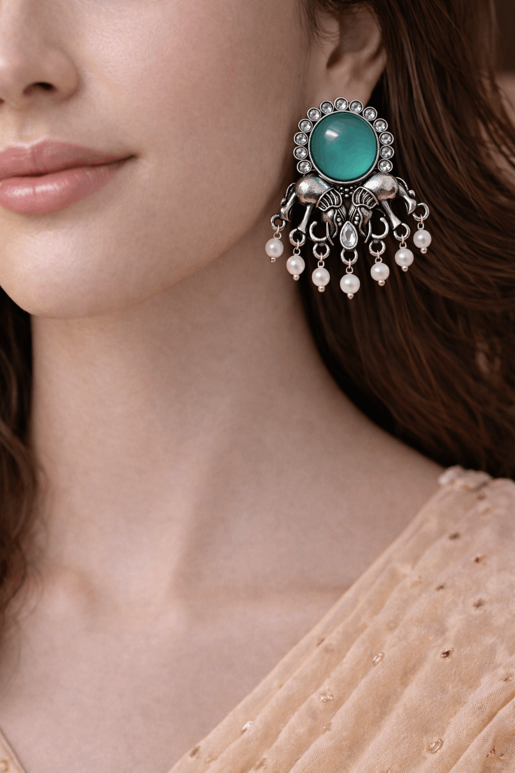 Oxidised Elephant Pearl Drop Earrings with Teal Stone