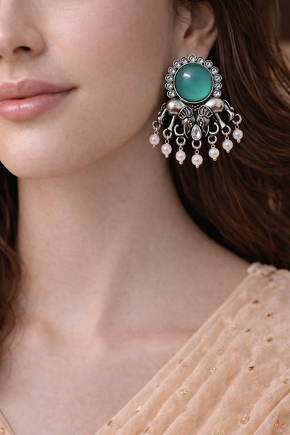 Oxidised Elephant Pearl Drop Earrings with Teal Stone