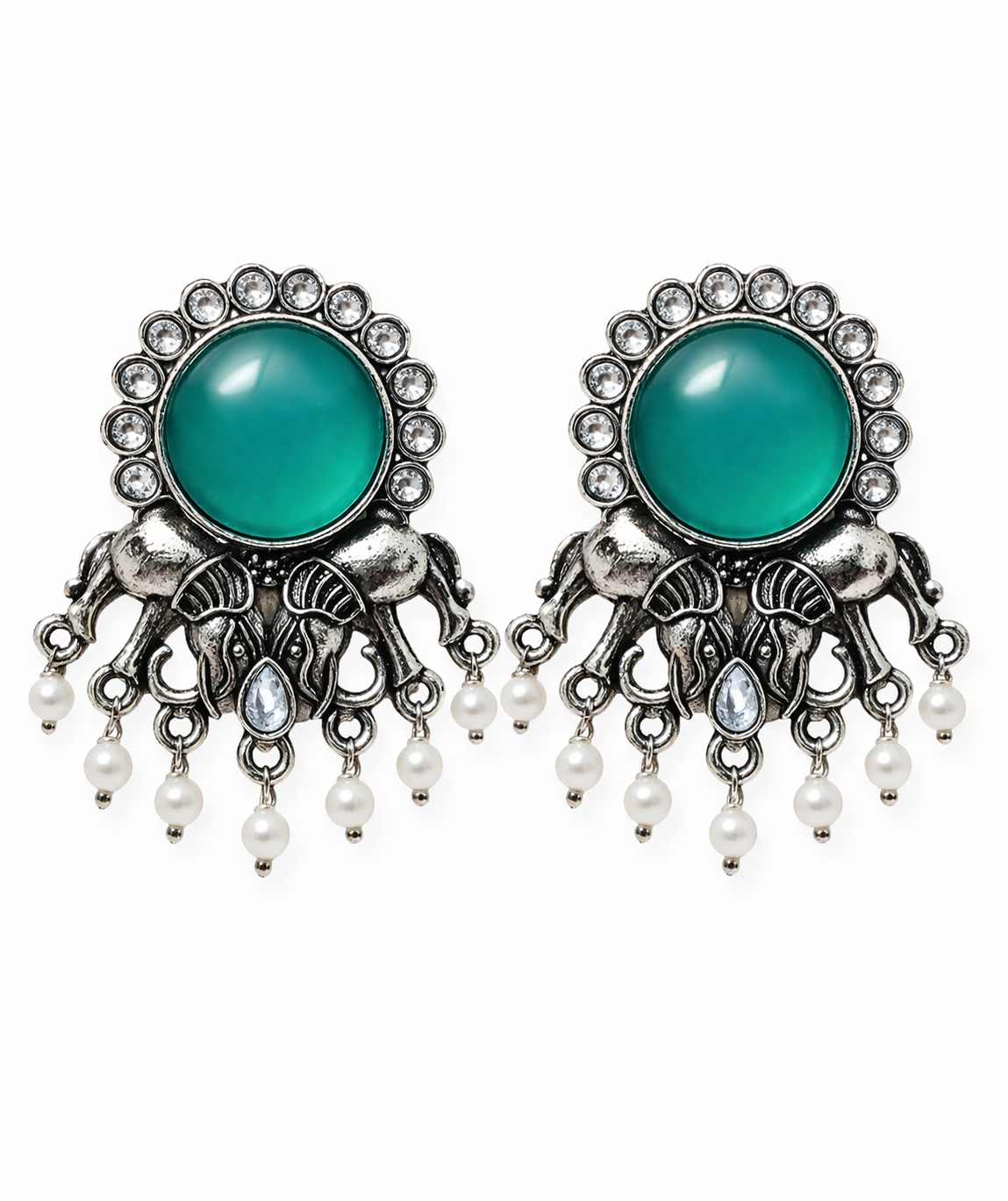 Oxidised Elephant Pearl Drop Earrings with Teal Stone
