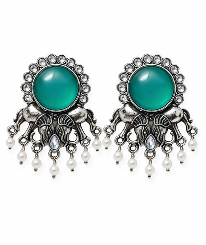 Oxidised Elephant Pearl Drop Earrings with Teal Stone