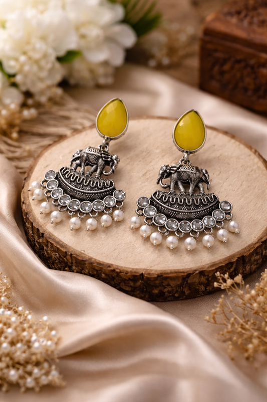 Oxidised Elephant Pearl Drop Earrings with Yellow Stone