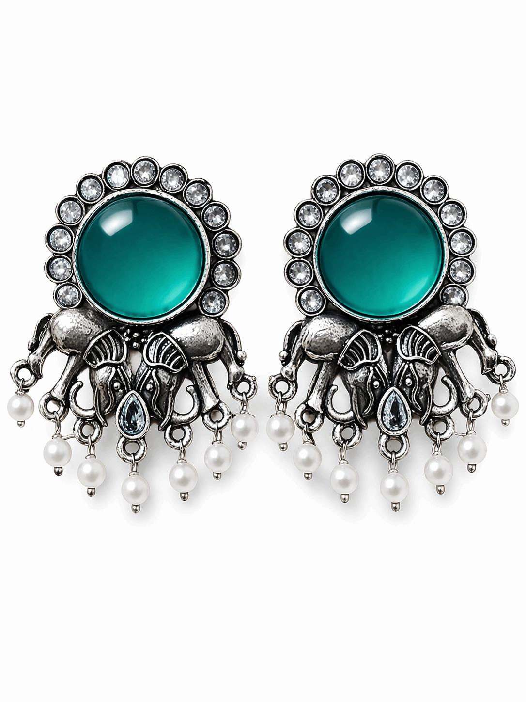 Oxidised Elephant Pearl Drop Earrings with Teal Stone