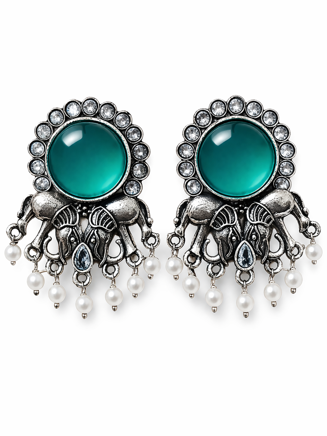 Oxidised Elephant Pearl Drop Earrings with Teal Stone