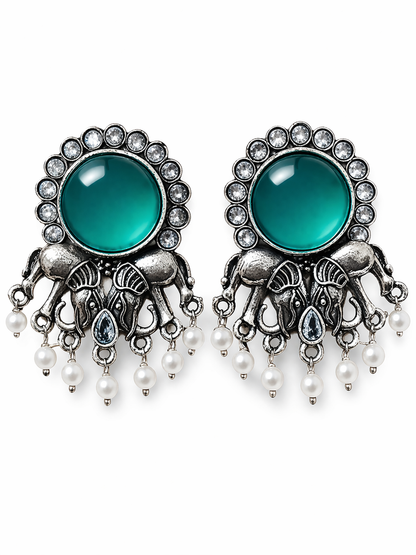 Oxidised Elephant Pearl Drop Earrings with Teal Stone