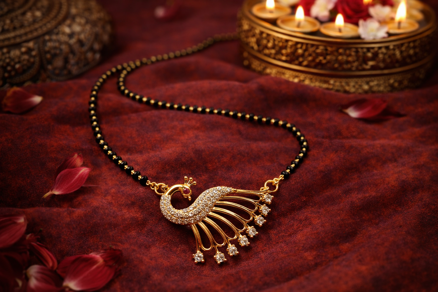 Gold-Plated Peacock Design AD Mangalsutra Necklace