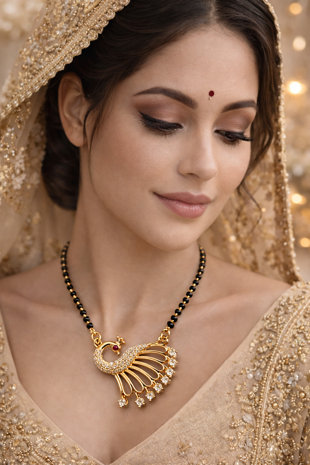 Gold-Plated Peacock Design AD Mangalsutra Necklace