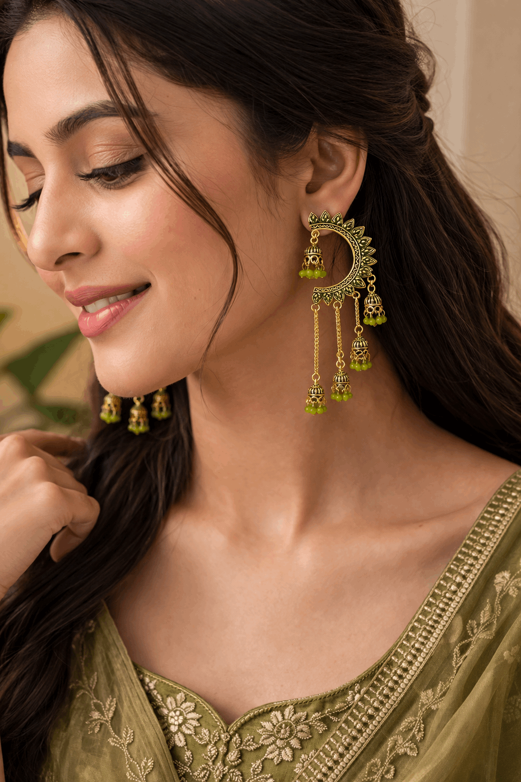 Gold-Tone Crescent Chandbali Earrings with Green Beads