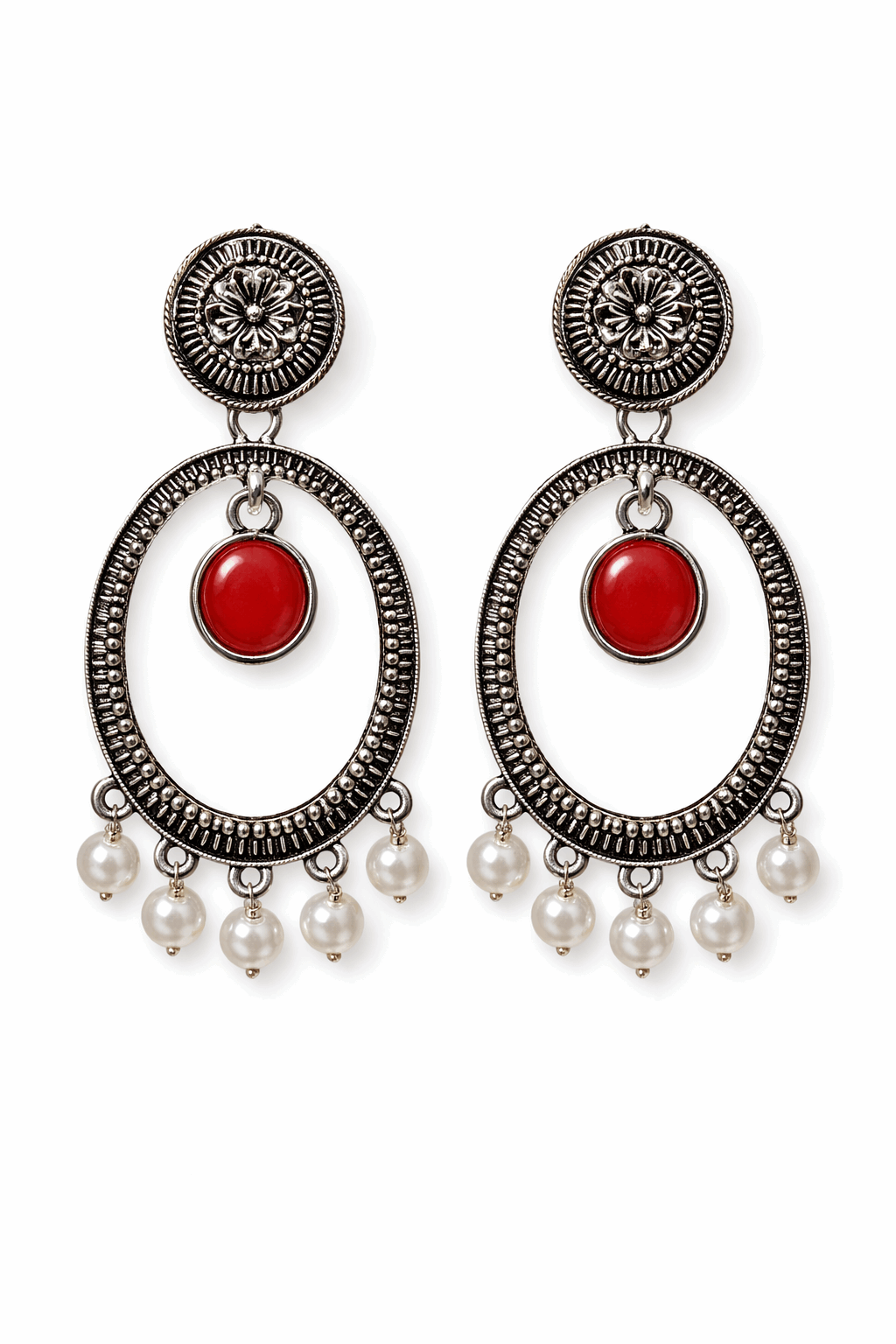 Oxidised Oval Pearl Drop Earrings with Red Stone