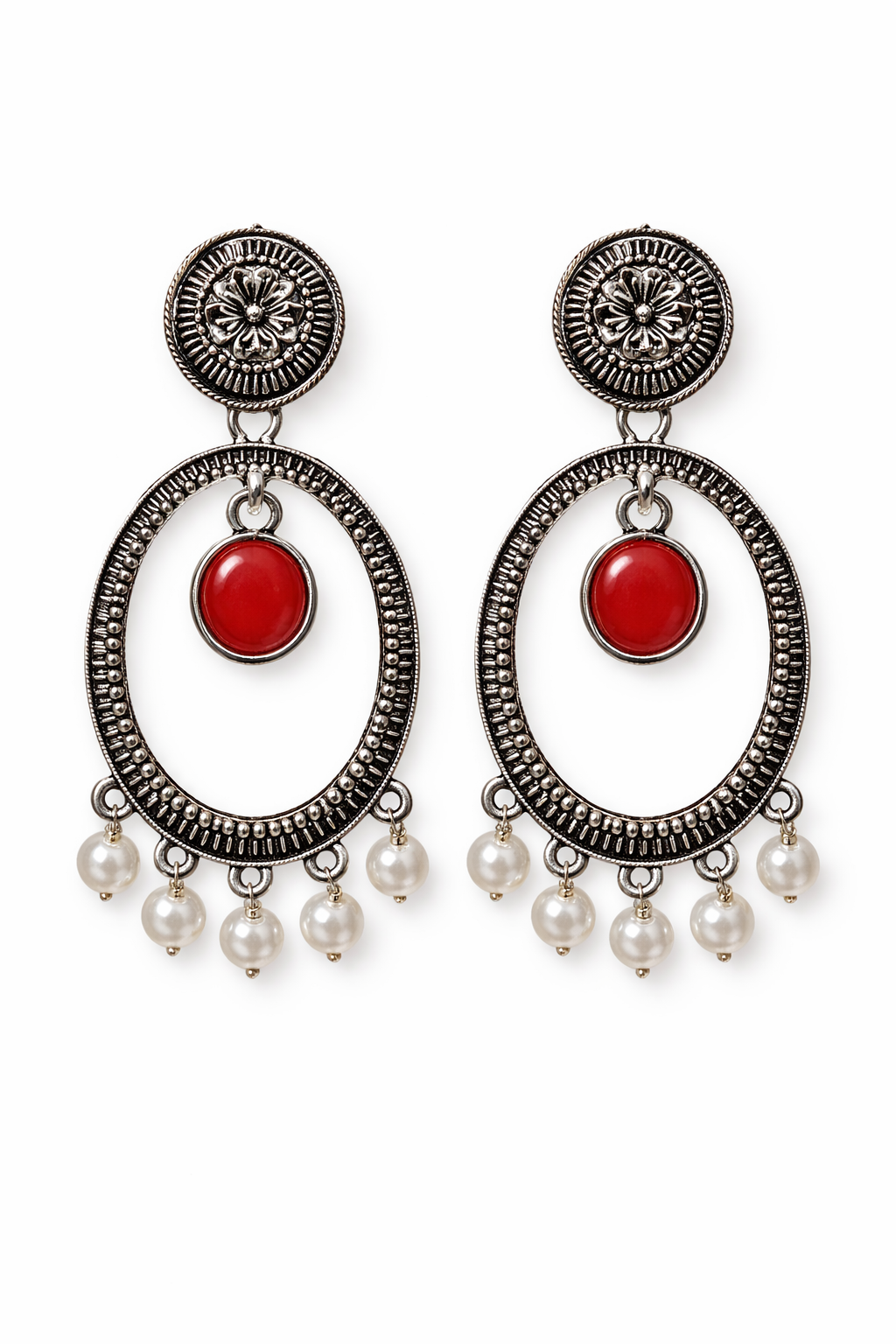 Oxidised Oval Pearl Drop Earrings with Red Stone