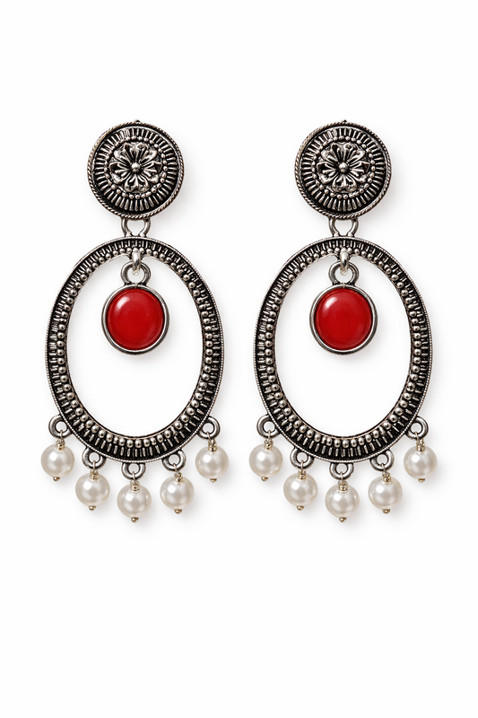 Oxidised Oval Pearl Drop Earrings with Red Stone
