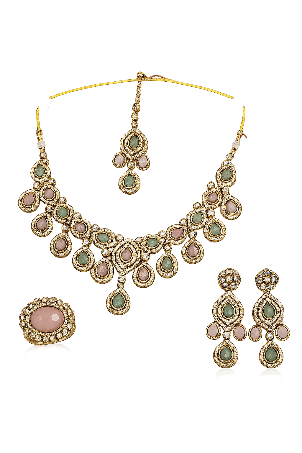 Gold-Plated Pastel Stone Kundan Necklace Set with Earrings, Maang Tikka & Ring