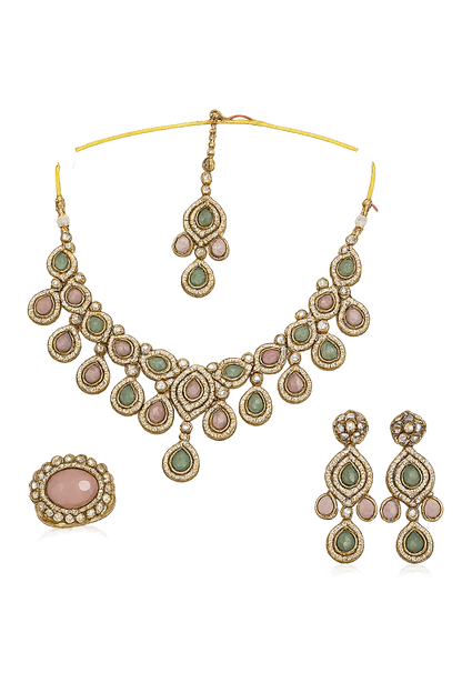 Gold-Plated Pastel Stone Kundan Necklace Set with Earrings, Maang Tikka & Ring