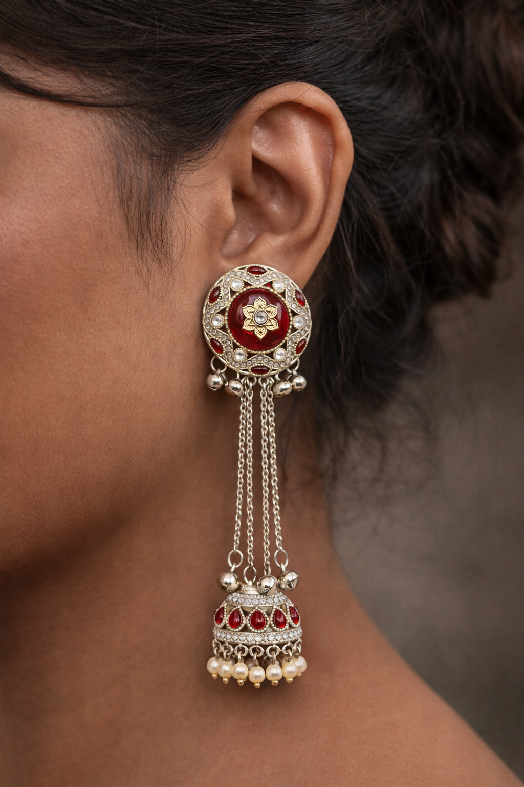 Gold-Plated Red Stone Jhumka Drop Earrings with Pearl Dangling Beads